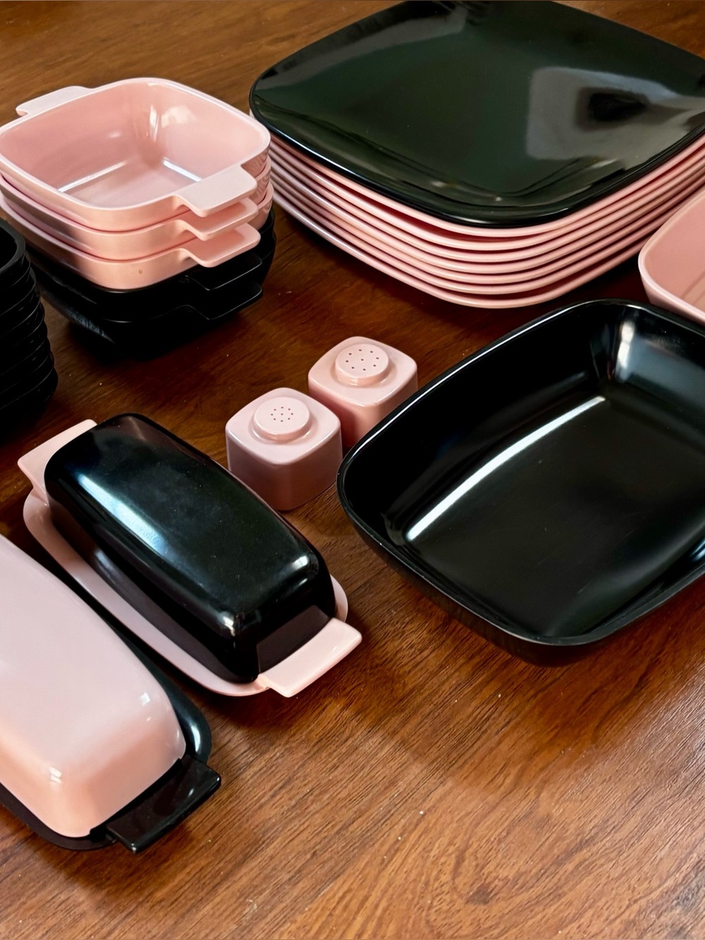 Vintage MCM Pink & Black Brookpark Melmac Dinnerware
